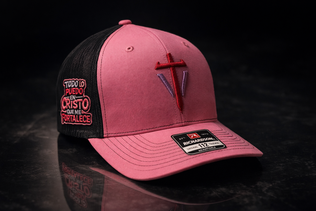 Gorra Trucker "Fortaleza" Versículo Richardson 112 Rosa y Negro